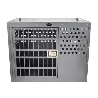Professional aluminum dog crate by Zinger featuring side entry and ventilation, secure and durable dog crate.