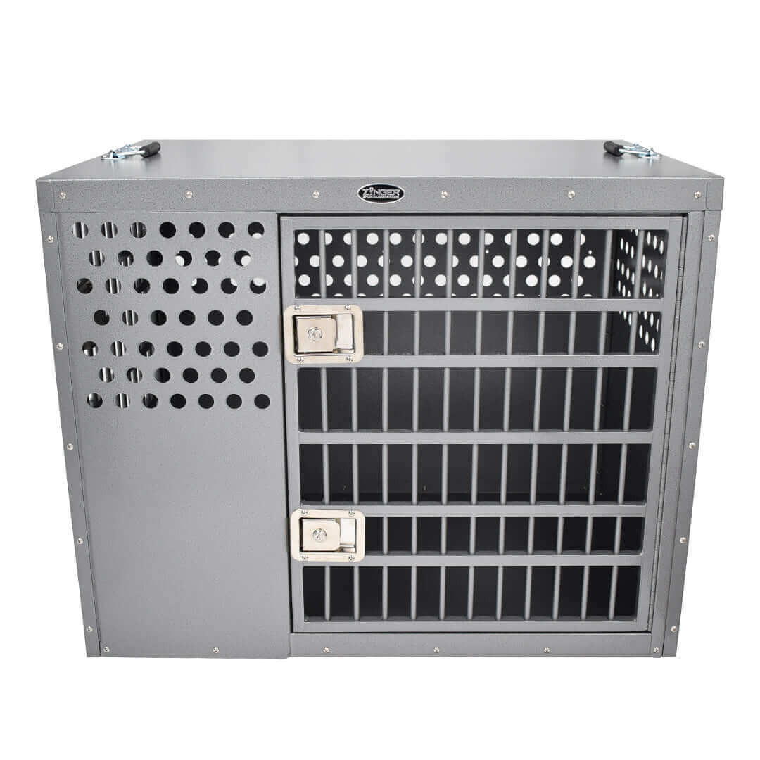 Professional aluminum dog crate by Zinger featuring secure locks and ventilation. Ideal dog crate for high-drive dogs.