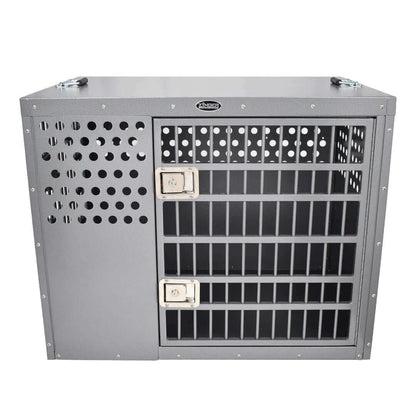Professional aluminum dog crate by Zinger featuring secure locks and ventilation. Ideal dog crate for high-drive dogs.