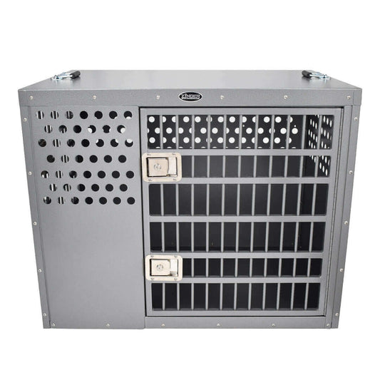 Professional aluminum dog crate by Zinger featuring secure locks and ventilation. Ideal dog crate for high-drive dogs.
