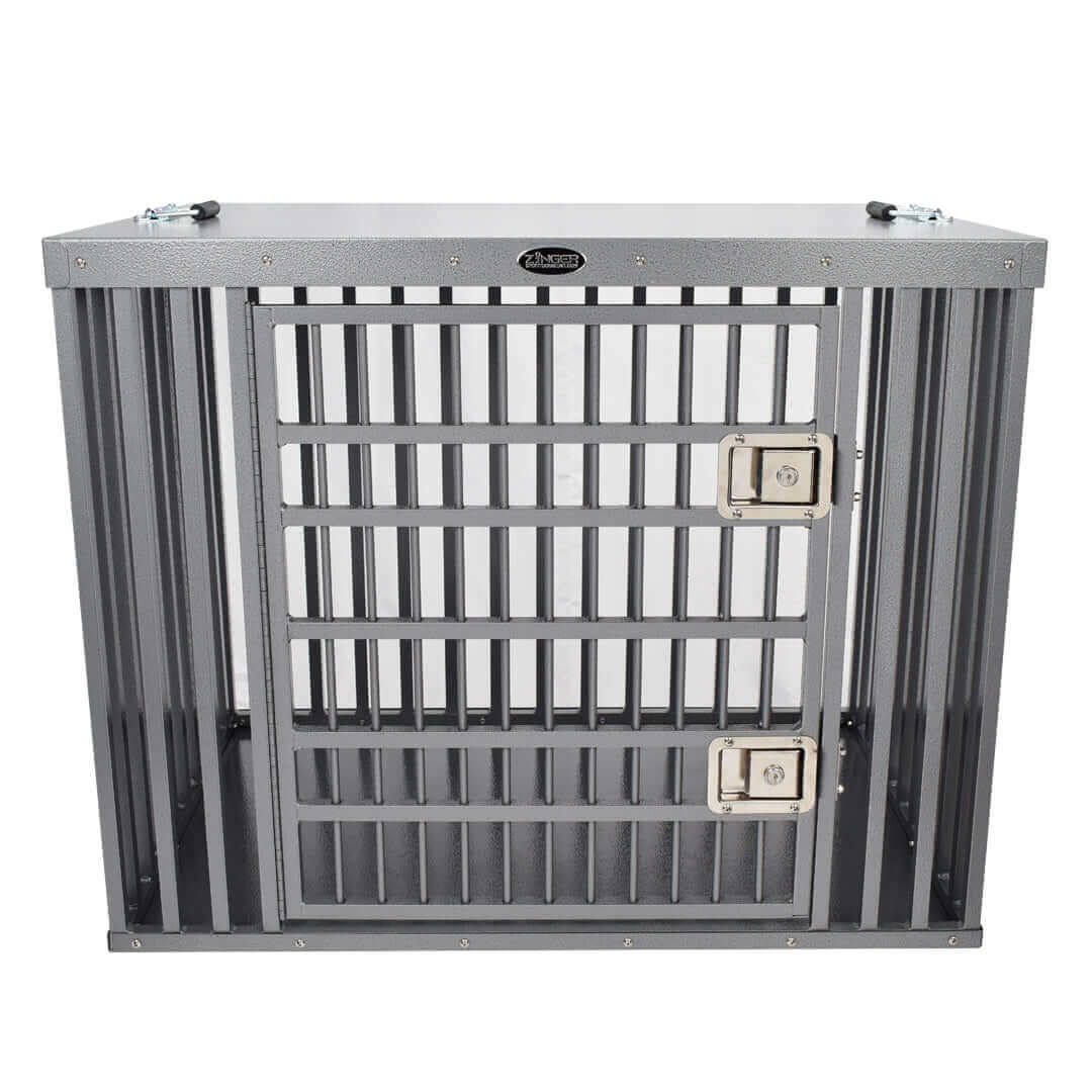 Heavy Duty Aluminum Dog Crate by Zinger with double doors and secure locks for high-drive dogs and working breeds.