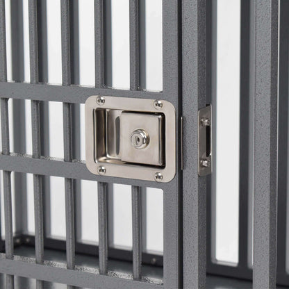 Close-up of the secure latch mechanism on a Heavy Duty Aluminum Dog Crate by Zinger, highlighting durability.