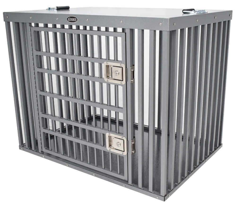Heavy Duty Aluminum Dog Crate with side entry for secure ventilation and durability, ideal for high-drive dogs and escape artists.