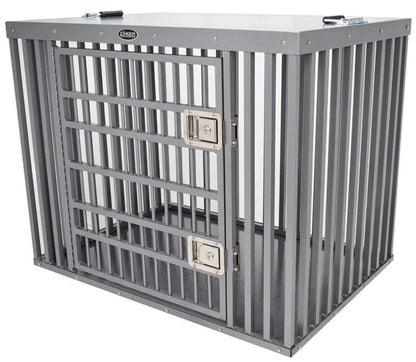 Heavy Duty Aluminum Dog Crate with side entry for secure ventilation and durability, ideal for high-drive dogs and escape artists.